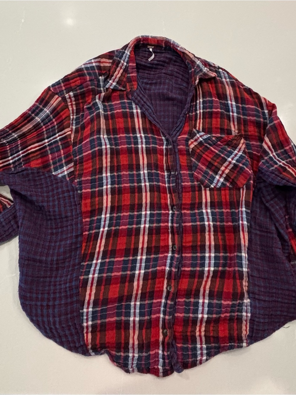 Free People Red and Navy Mixed Plaid Button-Down Shirt